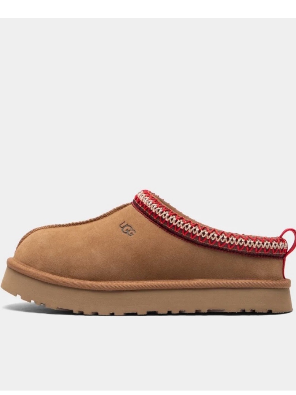 *Brand New Never Worn* UGG Chestnut Suede Slip-On Mule with Red Patterned Collar